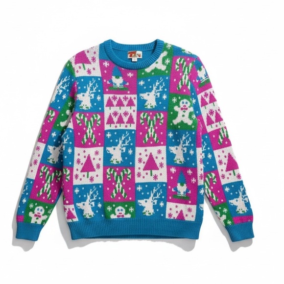 Party Sweater December 25th Vintage Neon Patchwork Ugly Christmas Sweater L - Picture 3 of 7